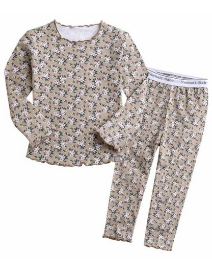 Conjunto de pijama de manga larga con estampado floral en beige