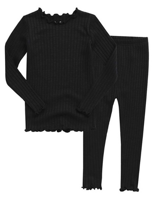 Black Shirring Long Sleeve Pajamas