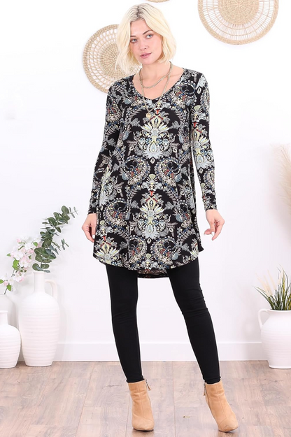 ST24 Paisley Black Long Sleeve V Neck Tunic Top