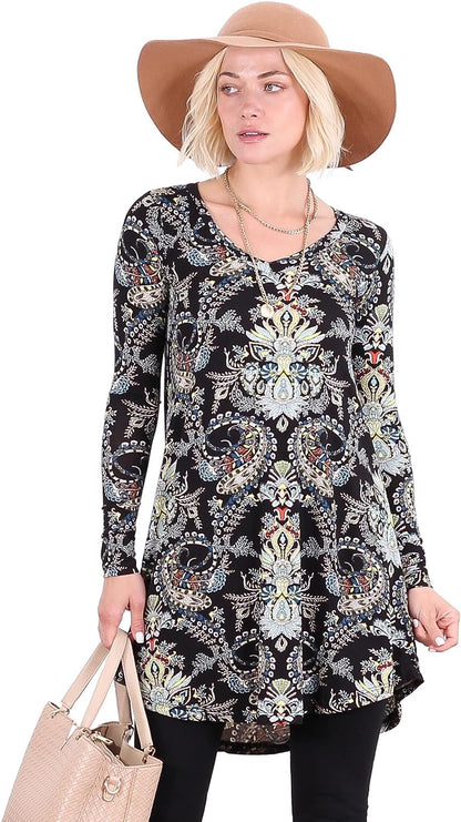 ST24 Paisley Black Long Sleeve V Neck Tunic Top