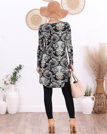 ST24 Paisley Black Long Sleeve V Neck Tunic Top