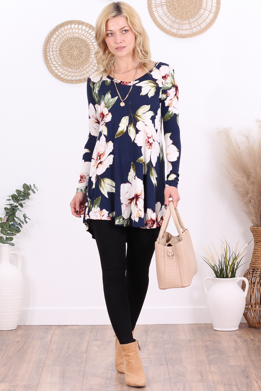ST84 Floral Blue Long Sleeve V Neck Tunic Top