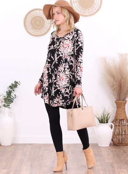 ST57 Floral Black Long Sleeve V Neck Tunic Top