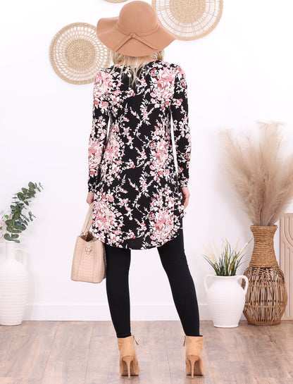 ST57 Floral Black Long Sleeve V Neck Tunic Top