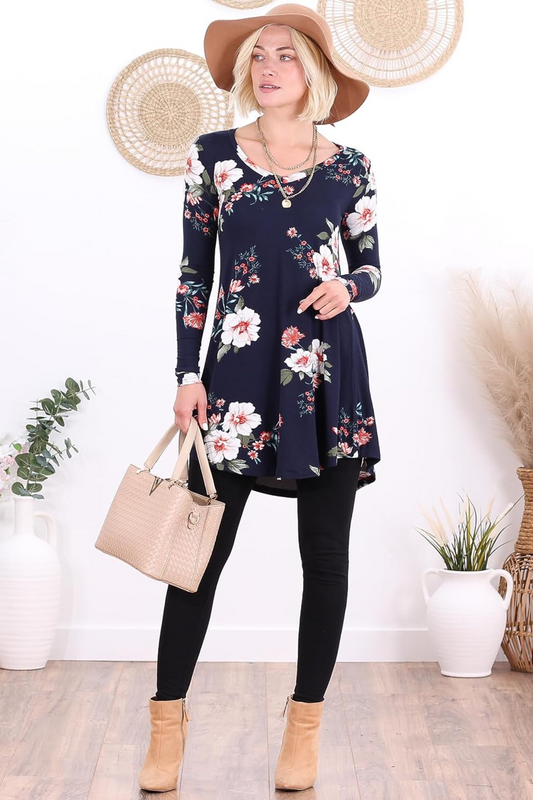 ST94 Floral Blue Long Sleeve V Neck Tunic Top