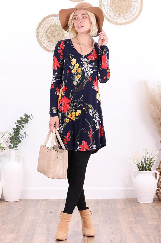 ST96 Floral Blue Long Sleeve V Neck Tunic Top