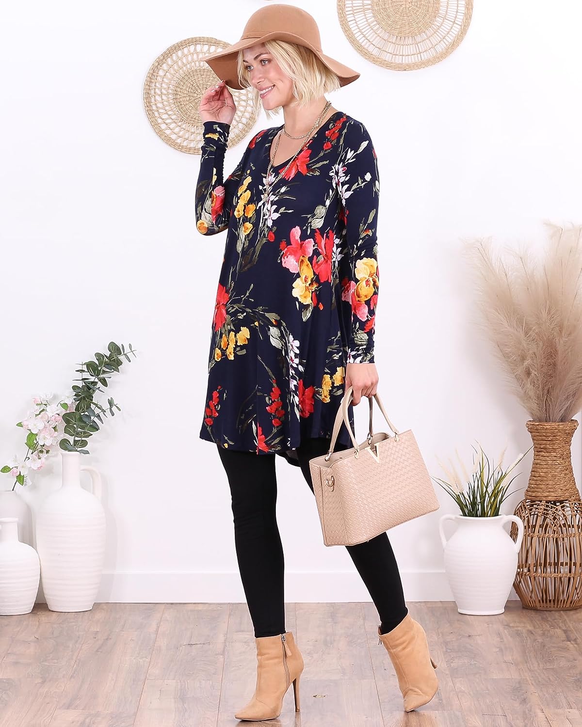 ST96 Floral Blue Long Sleeve V Neck Tunic Top