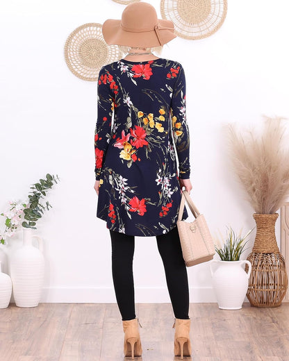 ST96 Floral Blue Long Sleeve V Neck Tunic Top