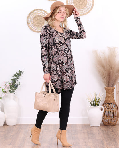 ST23 Paisley Black Long Sleeve V Neck Tunic Top