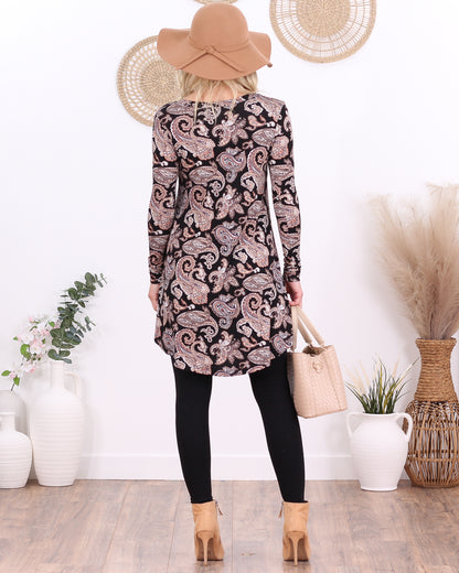 ST23 Paisley Black Long Sleeve V Neck Tunic Top