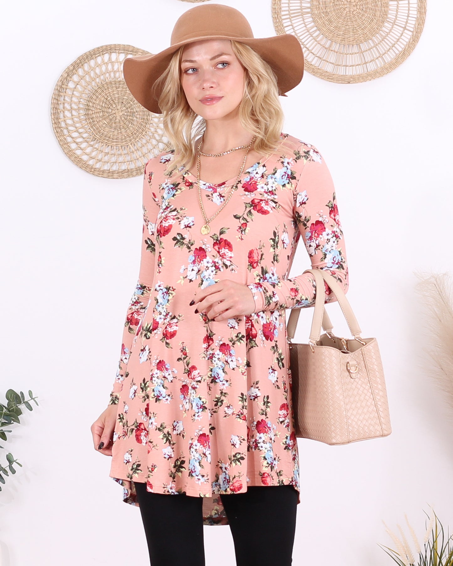 ST73 Floral Pink Long Sleeve V Neck Tunic Top