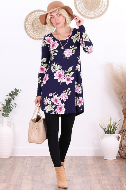 ST103 Floral Navy Long Sleeve V Neck Tunic Top