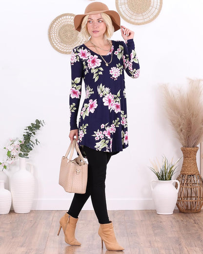 ST103 Floral Navy Long Sleeve V Neck Tunic Top