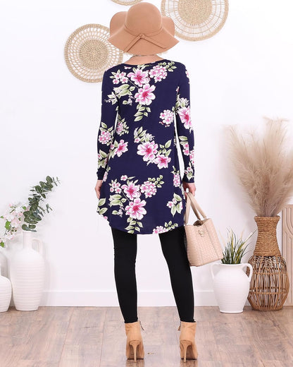 ST103 Floral Navy Long Sleeve V Neck Tunic Top