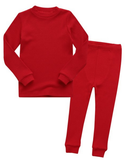 Conjunto de pijama de manga larga de canalé rojo 