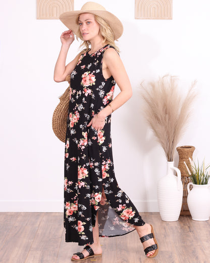 ST75 Floral Black Sleeveless Maxi Dress with Pockets