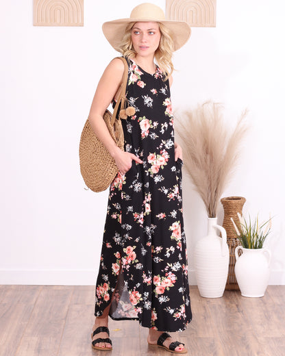 ST75 Floral Black Sleeveless Maxi Dress with Pockets