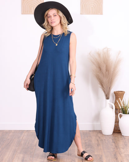 Teal Casual Sleeveless Maxi Dress with Pockets