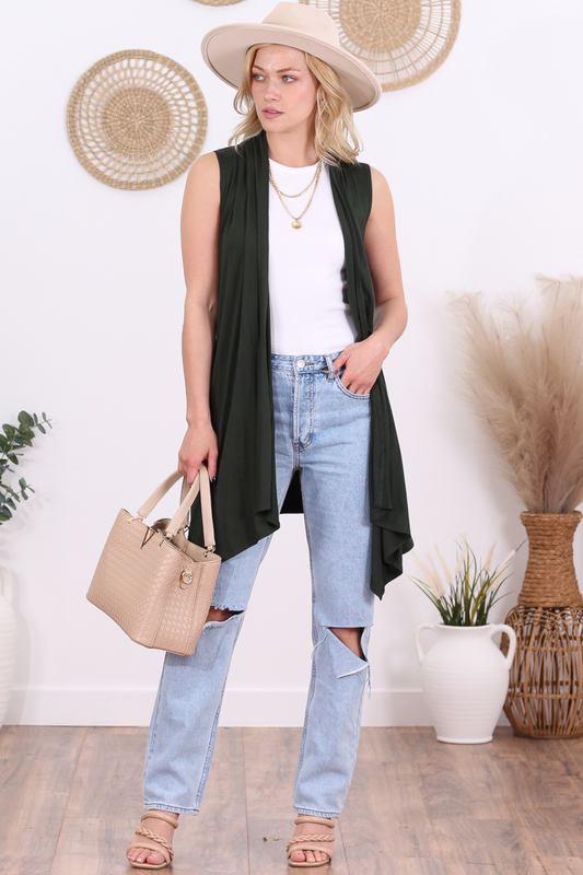 Olive Sleeveless Lightweight Cardigan Vest