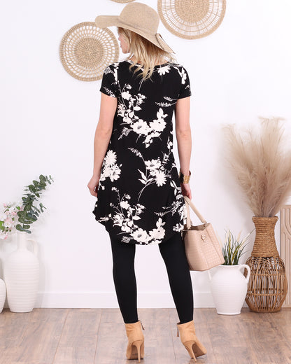 ST105 Floral Black Short Sleeve V Neck Tunic Top