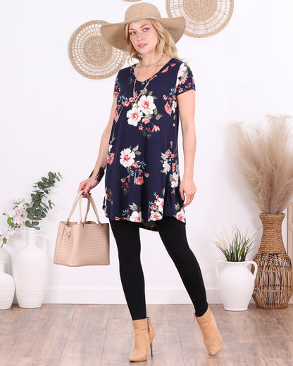 ST94 Floral Blue Short Sleeve V Neck Tunic Top