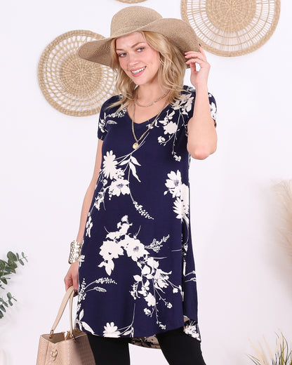 ST104 Floral Navy Short Sleeve V Neck Tunic Top