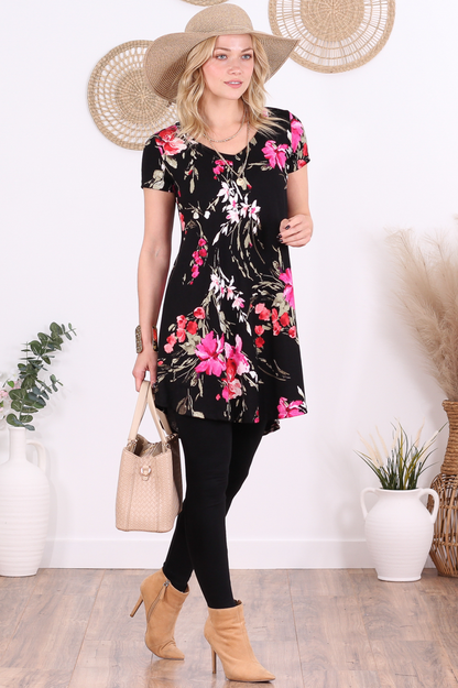 ST98 Floral Black Short Sleeve V Neck Tunic Top