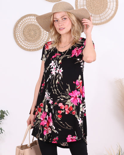 ST98 Floral Black Short Sleeve V Neck Tunic Top