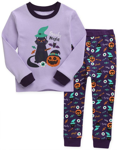 Conjunto de pijama de manga larga con gato mágico morado 