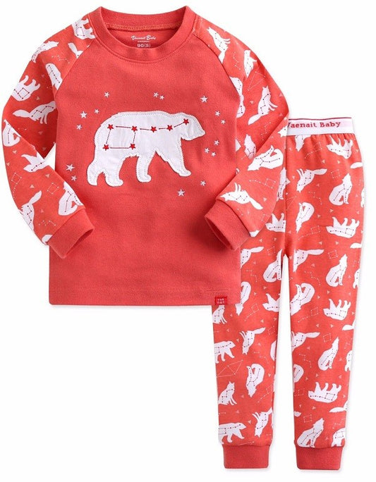 Conjunto de pijama de manga larga con osito de nieve en color coral 